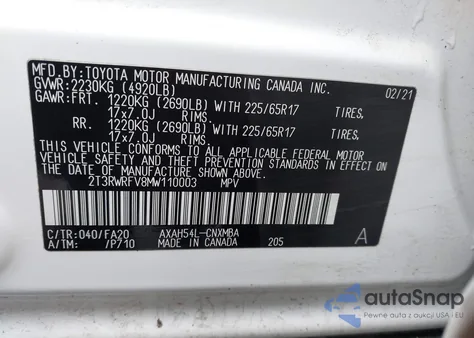 2021 Toyota Rav4 Hybrid Xle from USA, damaged, VIN 2T3RWRFV8MW110003